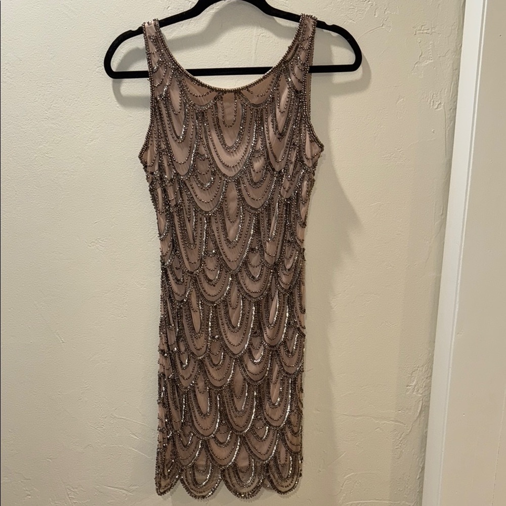 Elegant Beaded Tan / Blush Bridesmaid Dress
